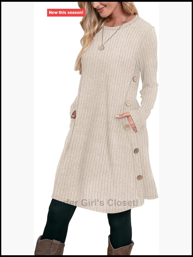 Long Sleeve Crew Neck Tunic Dress With Pockets And Button Details